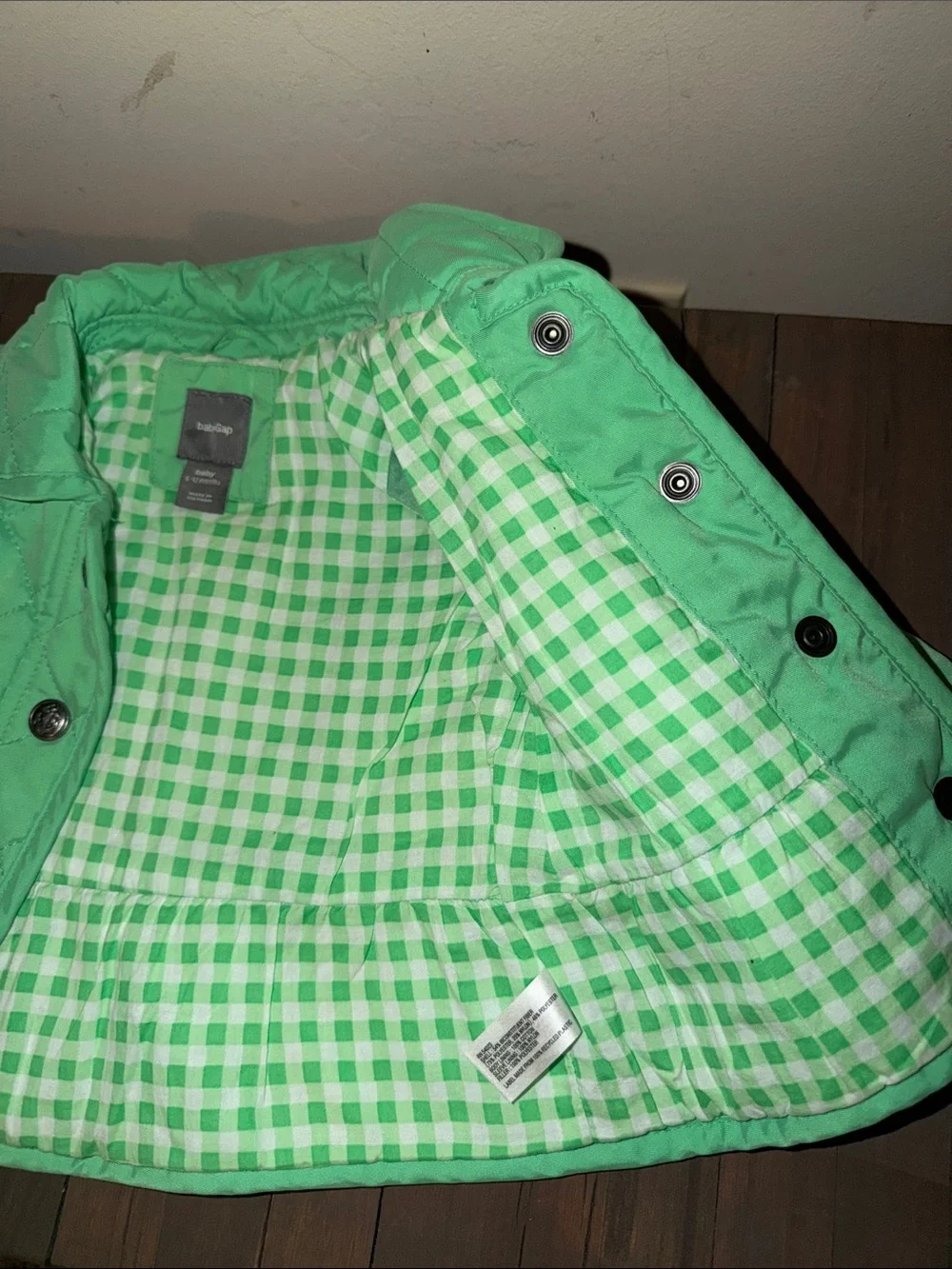 GAP Quilted Mint Green Baby Girls' 6-12 months Jacket with Gingham Lining
